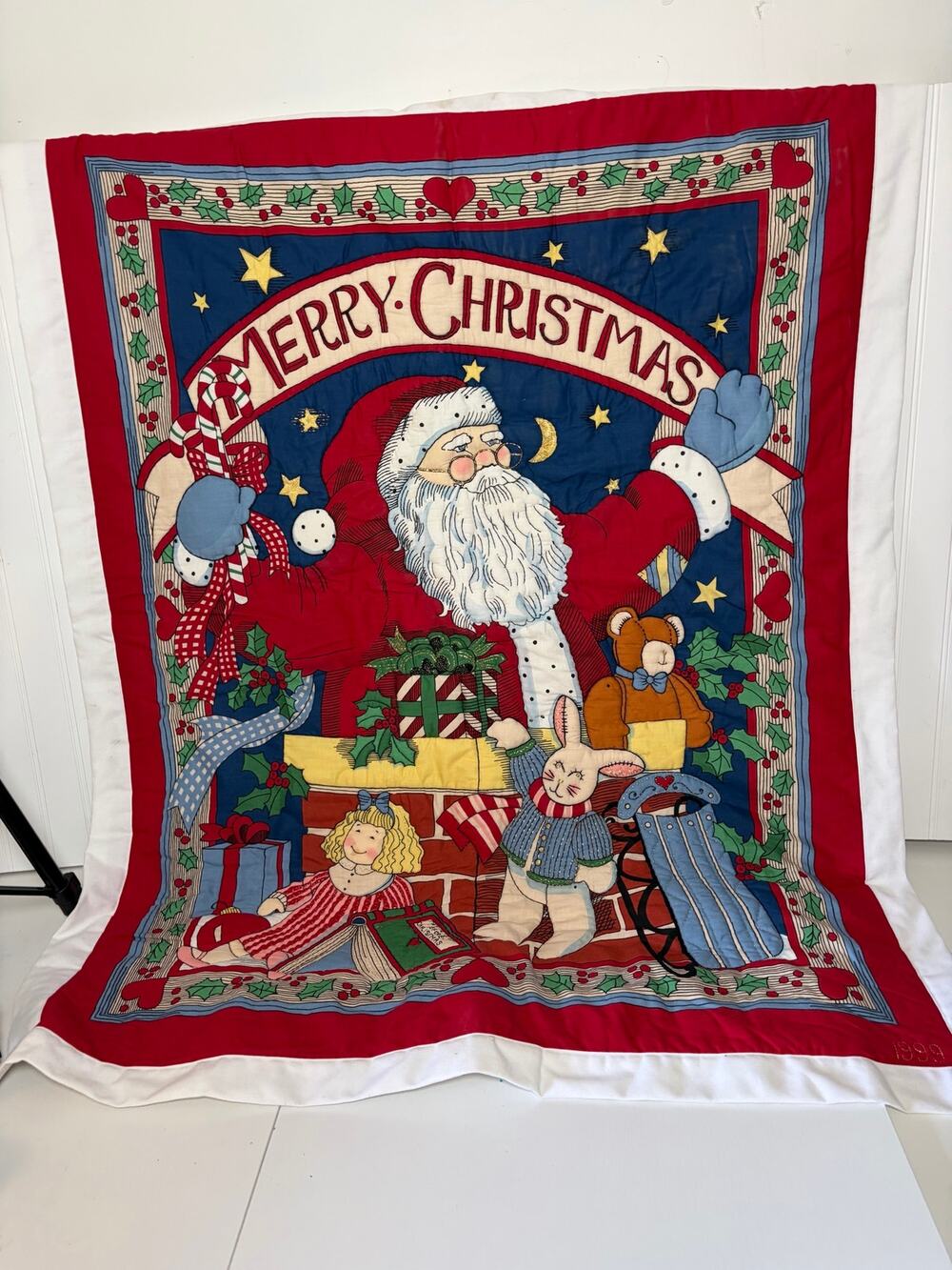 VINTAGE Christmas Santa Claus Wallhanging Screen Print Decoration Holiday 37”x46